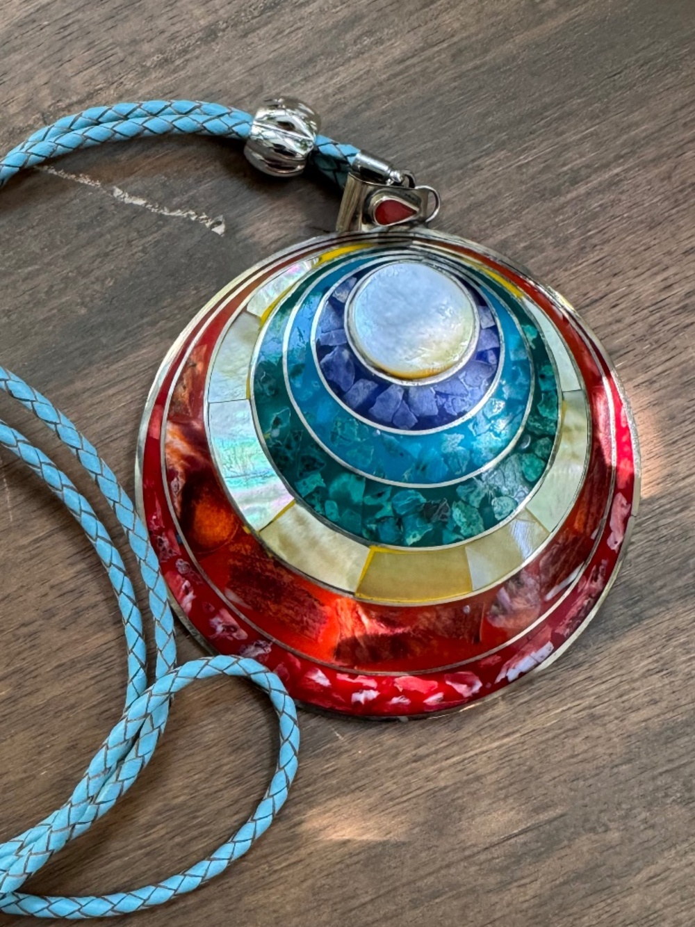 Peruvian Pachamama Rainbow Stone Inlay Pendant Necklace
